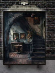 Постер на холсте "Старинная лестница и цветы"