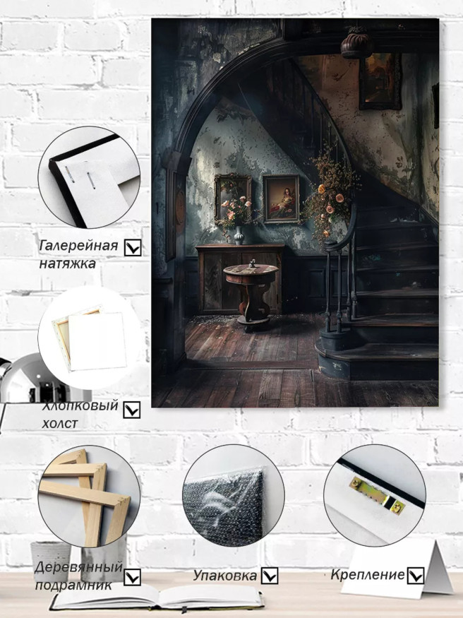 Постер на холсте &amp;quot;Старинная лестница и цветы&amp;quot;