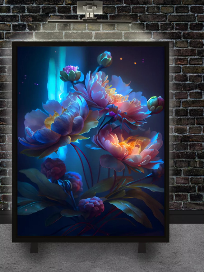 Постер на холсте &amp;quot;Светящиеся пионы в ночи&amp;quot;