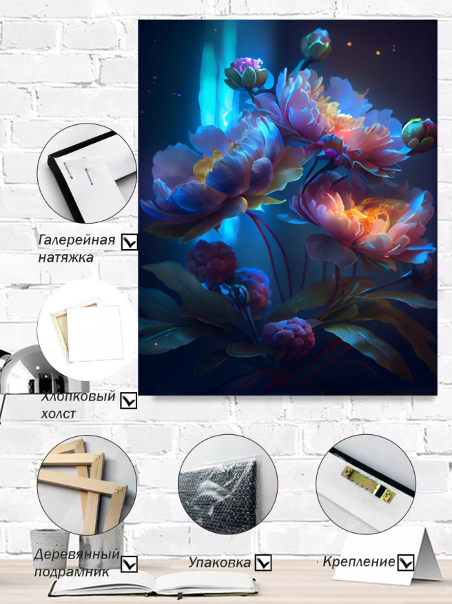 Постер на холсте &amp;quot;Светящиеся пионы в ночи&amp;quot;