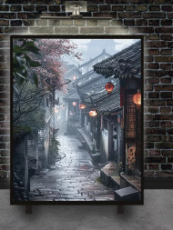 Holstga bosilgan poster &quot;Qadimgi Xitoyning yomg‘irli ko‘chasi&quot;