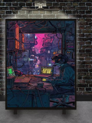 Holstga bosilgan poster "Kiberpank xaker megapolishda"