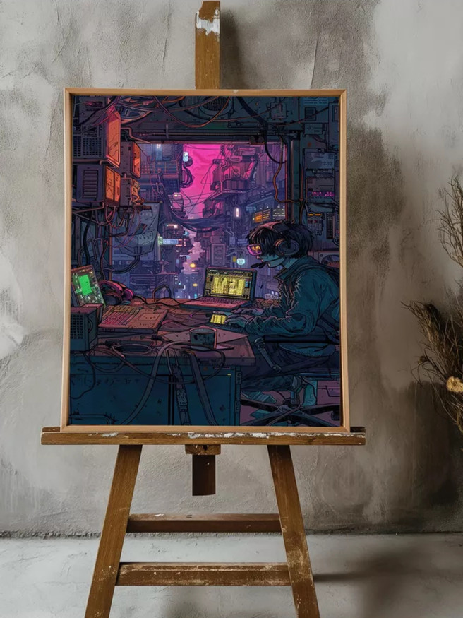 Постер на холсте &amp;quot;Киберпанк-хакер в мегаполисе&amp;quot;