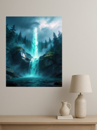 Holstga bosilgan poster "Tumanli o‘rmonda sharshara"