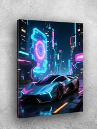 Holstga bosilgan poster &quot;Futuristik sportkar neon shahrida&quot;