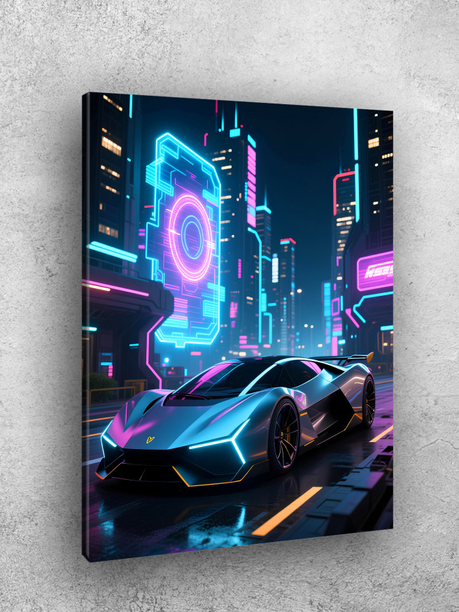 Постер на холсте &amp;quot;Футуристический спорткар в неоновом городе&amp;quot;