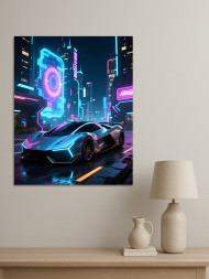 Holstga bosilgan poster &quot;Futuristik sportkar neon shahrida&quot;