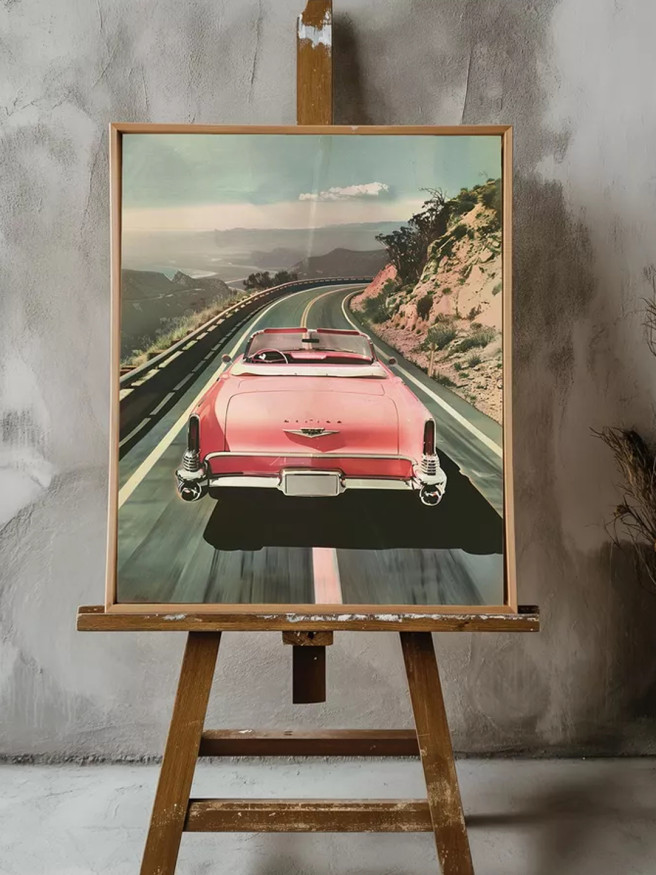 Постер на холсте &amp;quot;Розовый кабриолет на шоссе&amp;quot;