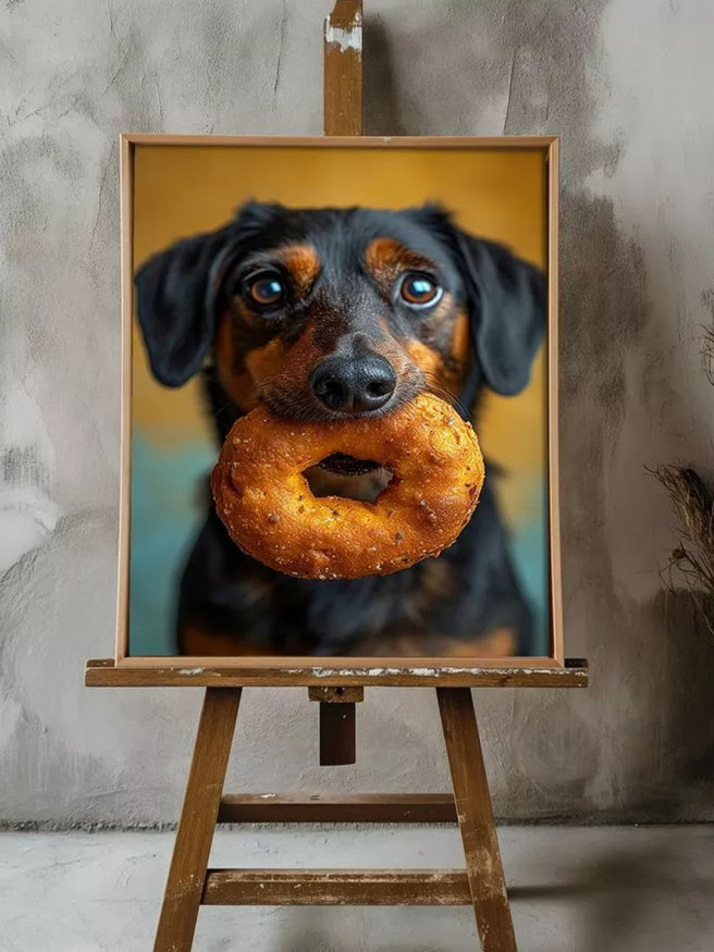 Holstga bosilgan poster &amp;quot;Og‘zida bublik tutgan it&amp;quot;